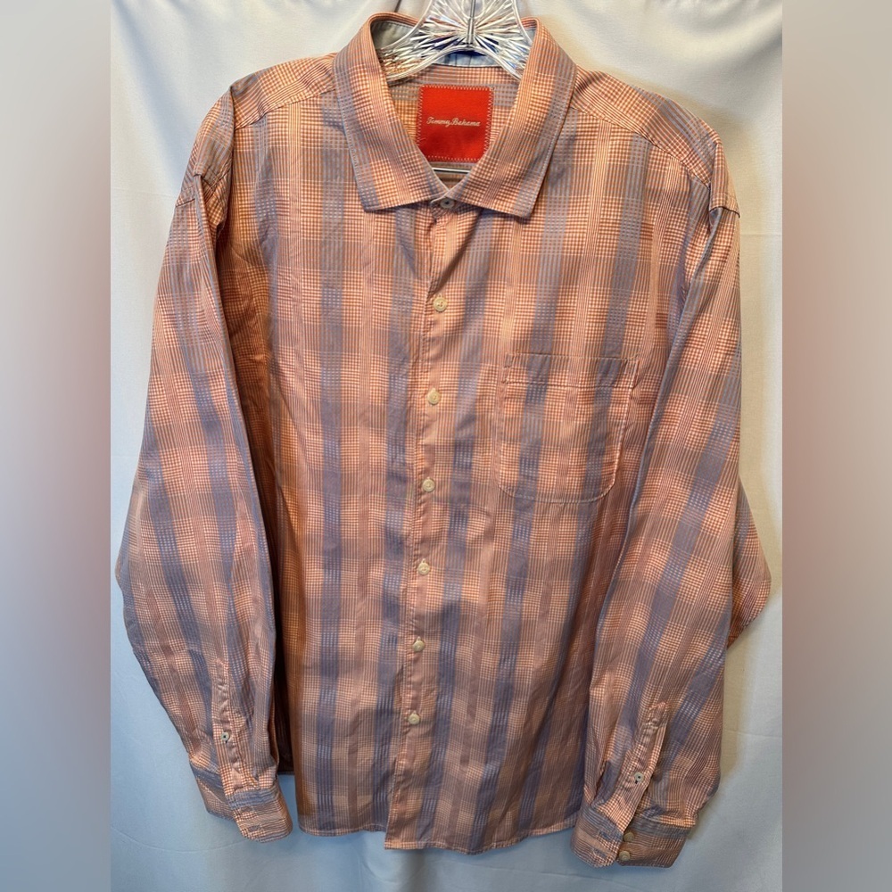 Tommy Bahama Size XL Ombre Mist Orange Blue Plaid Button‎ Down Shirt Long Sleeve